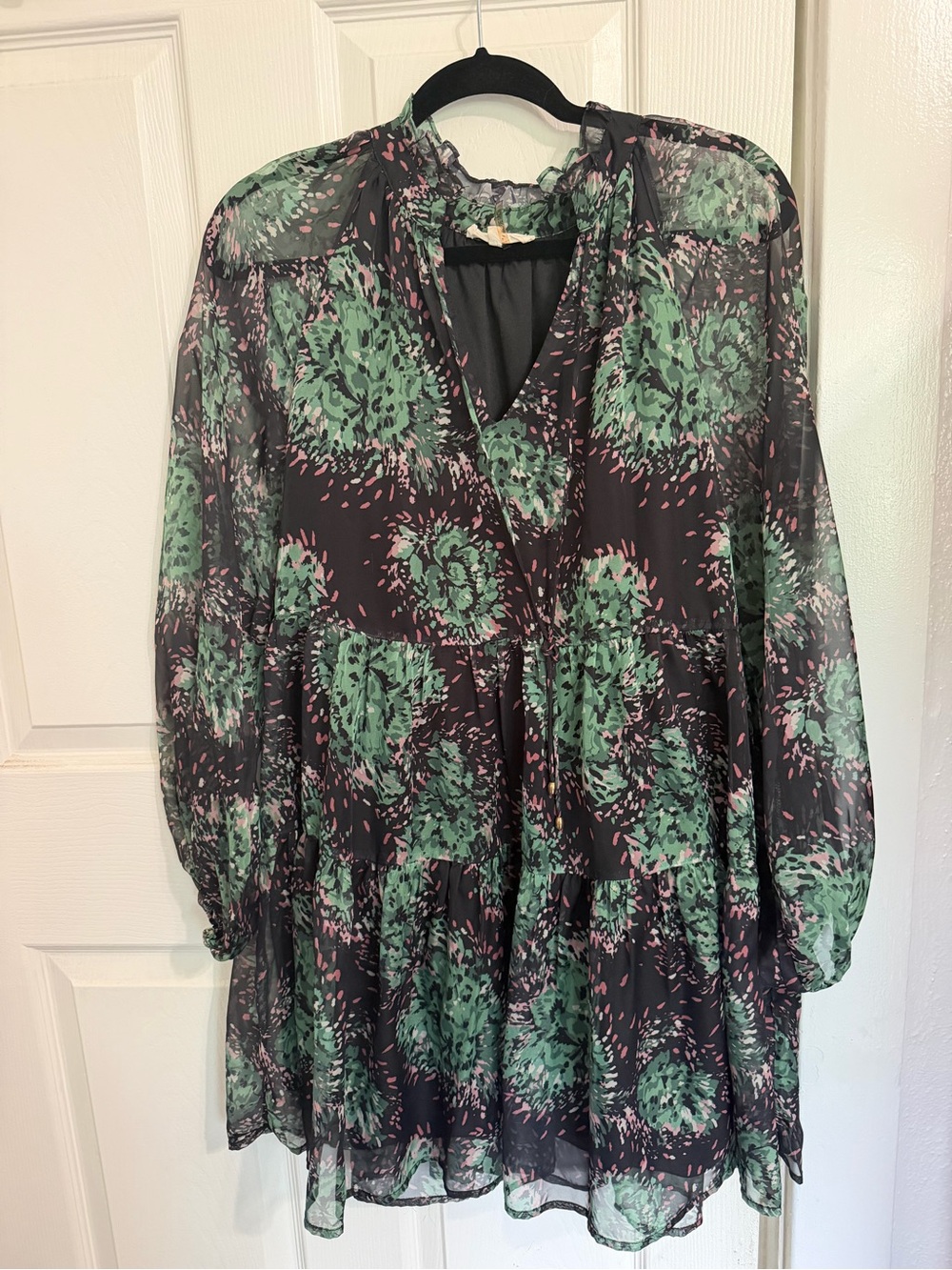 entro Black Chiffon Tiered Dress with Green and Pink Floral Print